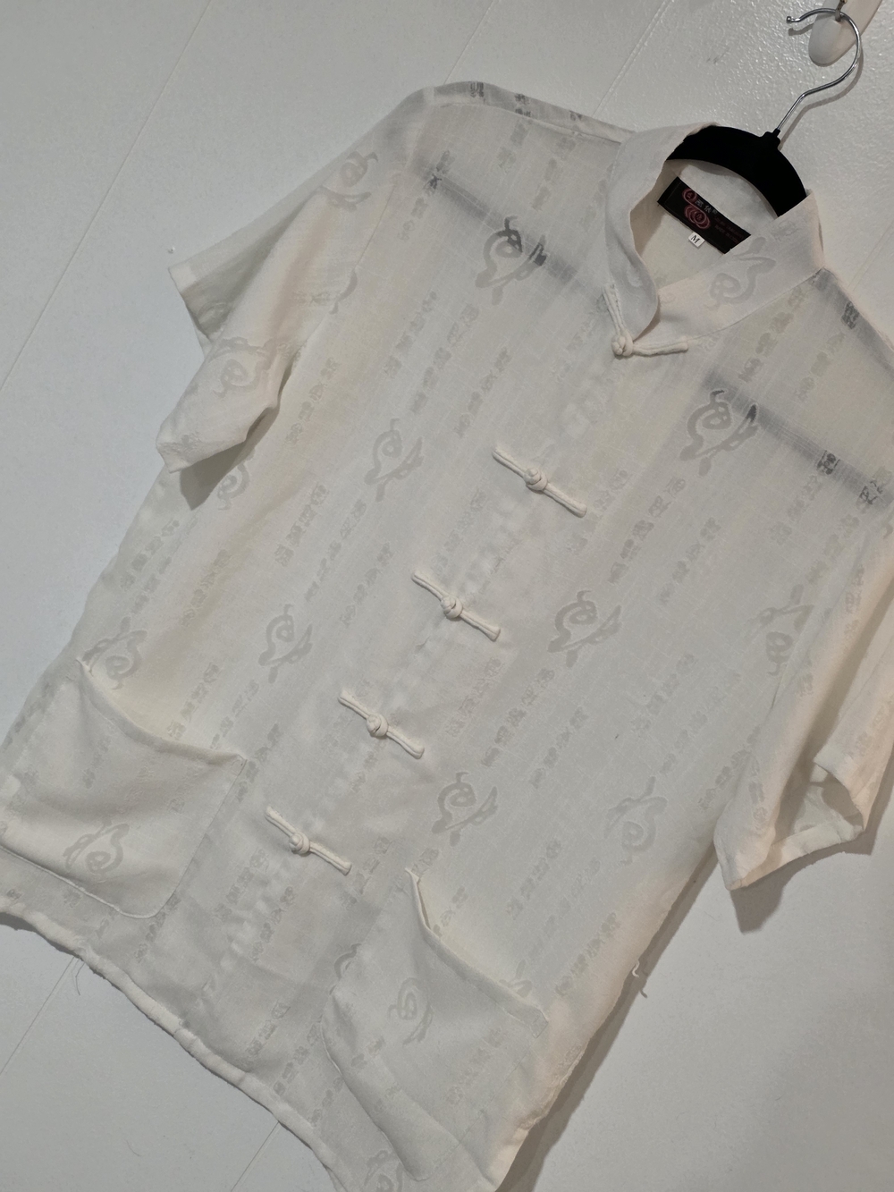 White Short-Sleeve Mandarin Collar Button-Down Top